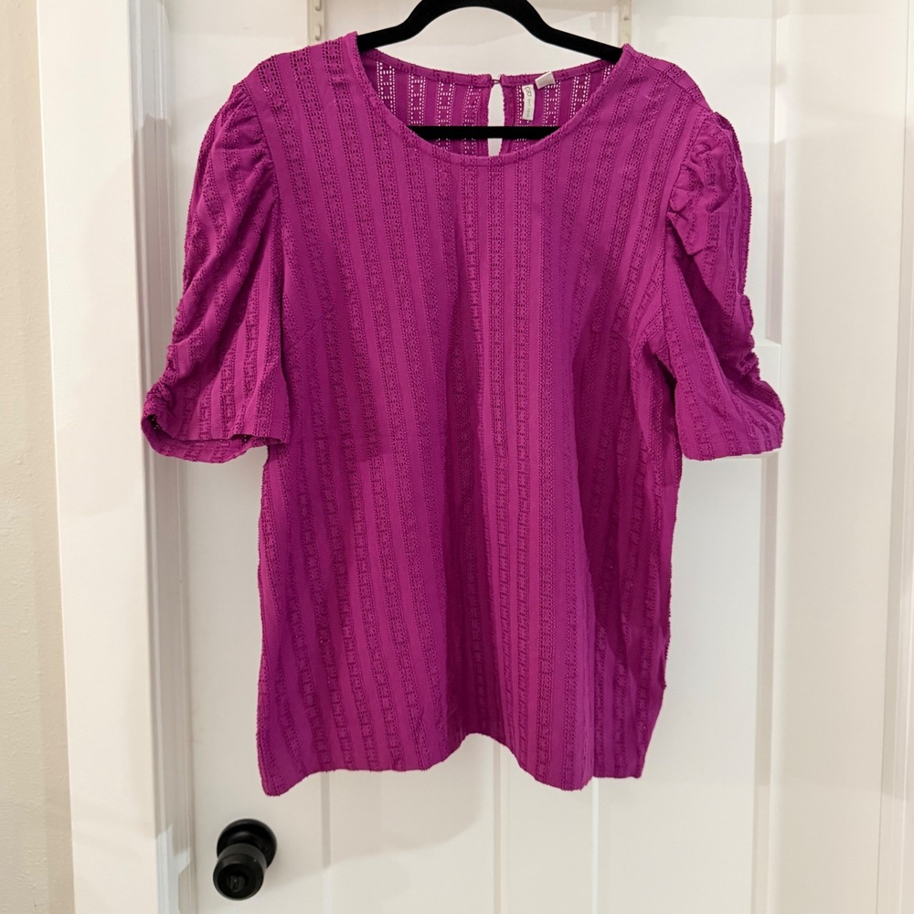 Magenta Purple Eyelet Puff Sleeve Blouse XL Cato Cotton Chic Feminine Workwear